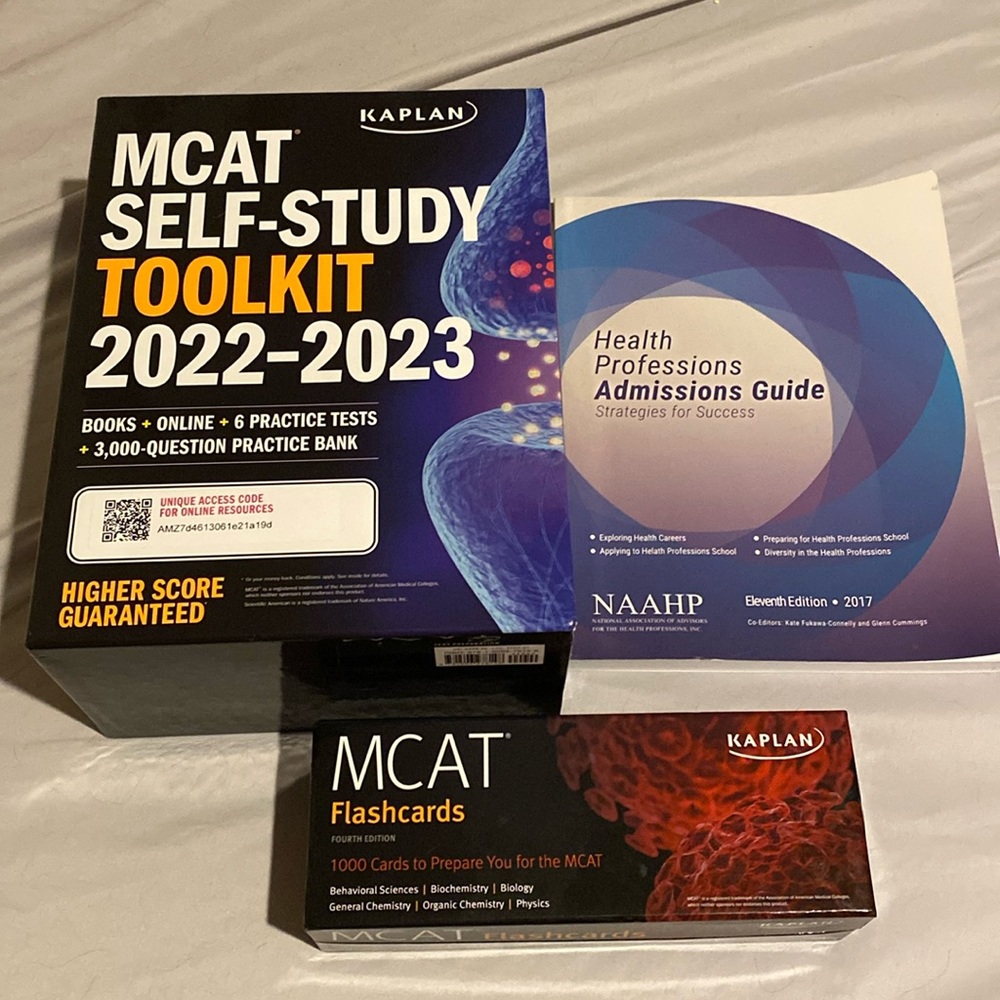Kaplan MCAT study books (with flash cards and admissions guide included).